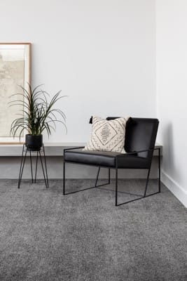 A potted plant and black leather chair in a corner. The grey carpet is Moxie, from the Sensation range.